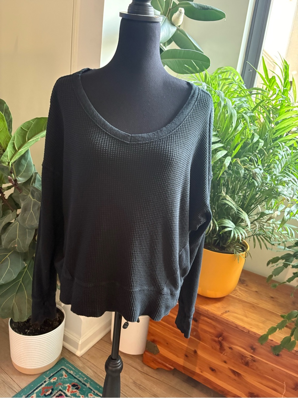 OFFLINE by Aerie Black Waffle Knit Oversized Scoop Neck Top with thumb holes